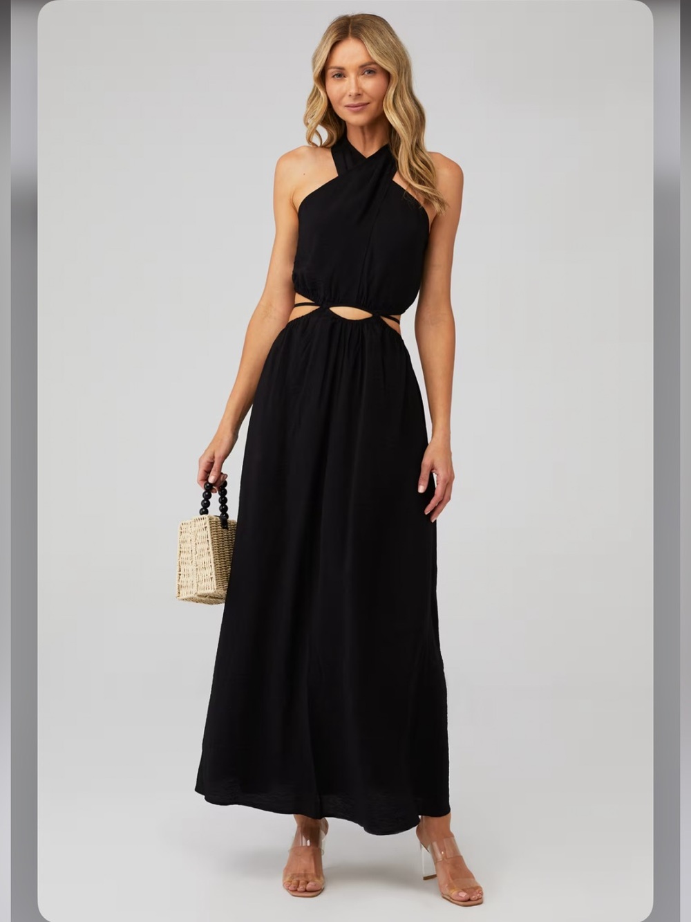 YFB Arlette Dress Black Cutout Halter Maxi Dress Size Medium $202